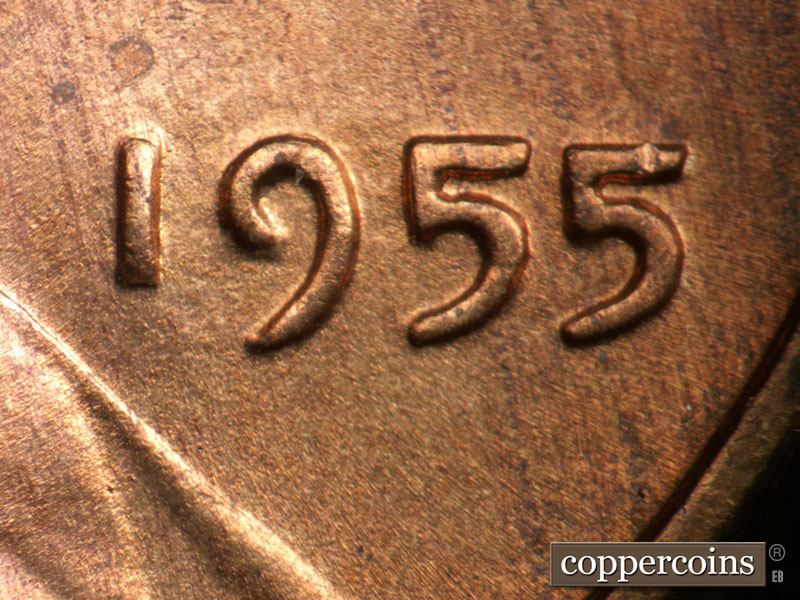 Die-stage A marker on 1955P•1DO•012 (1955 Doubled Die Obverse).