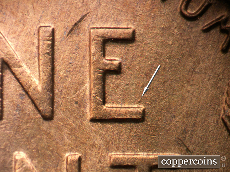 Die-stage A marker on 1955P•1DO•012 (1955 Doubled Die Obverse).
