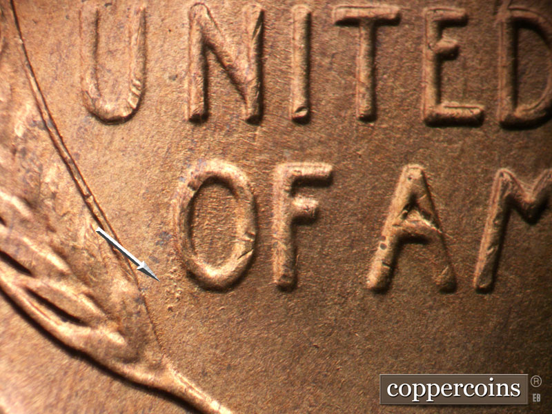 Die-stage A marker on 1955P•1DO•012 (1955 Doubled Die Obverse).