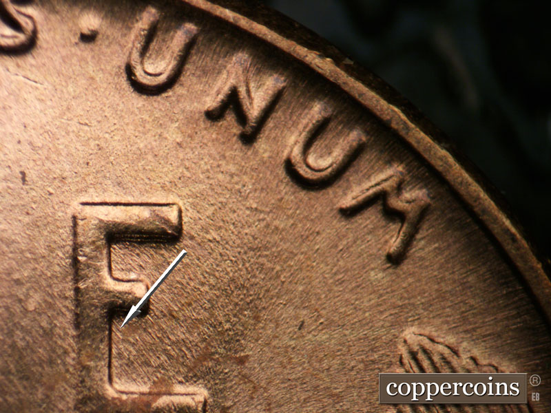 Die-stage B marker on 1955P•1DR•001 (1955 Doubled Die Reverse).