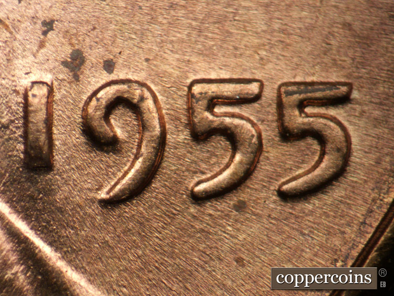 Die-stage B marker on 1955P•1DR•001 (1955 Doubled Die Reverse).