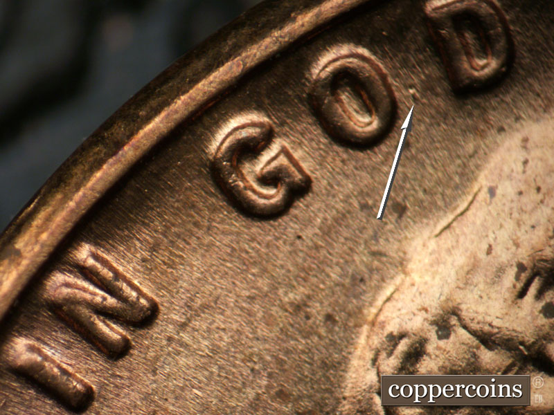 Die-stage B marker on 1955P•1DR•001 (1955 Doubled Die Reverse).