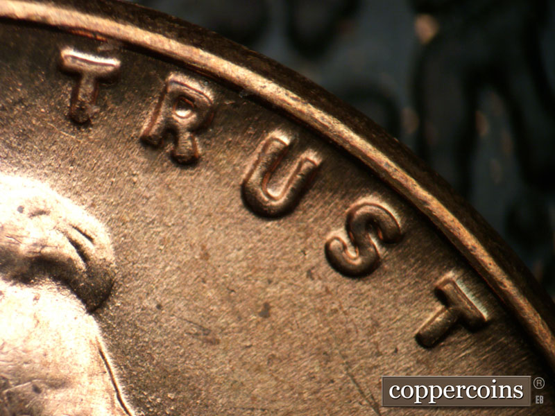 Die-stage B marker on 1955P•1DR•001 (1955 Doubled Die Reverse).