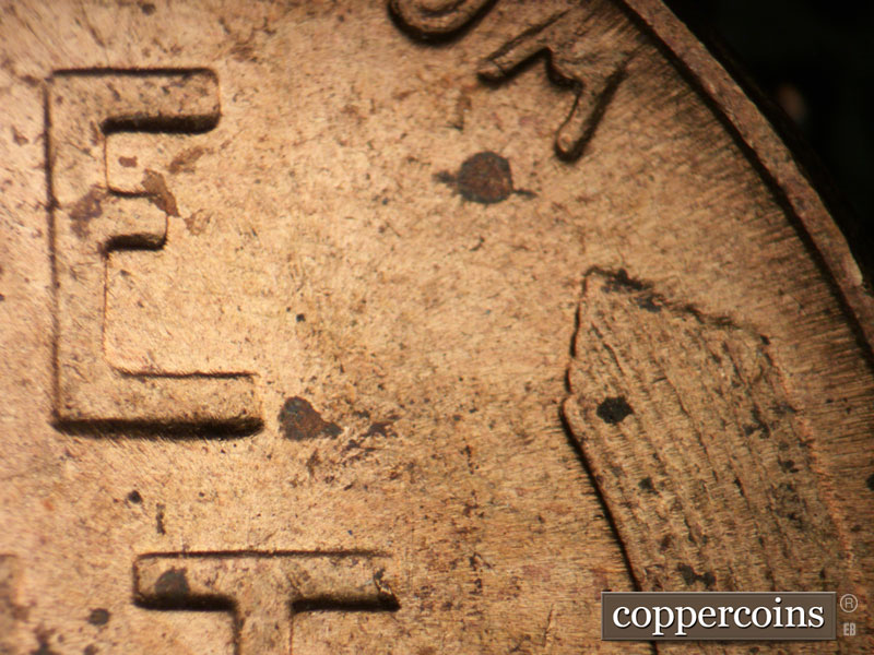 Die-stage C marker on 1955P•1DR•001 (1955 Doubled Die Reverse).