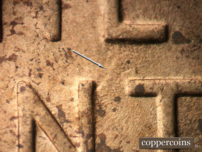 Die-stage C marker on 1955P•1DR•001 (1955 Doubled Die Reverse).