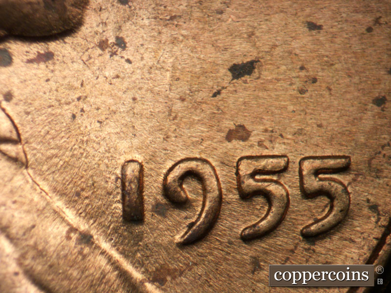 Die-stage C marker on 1955P•1DR•001 (1955 Doubled Die Reverse).