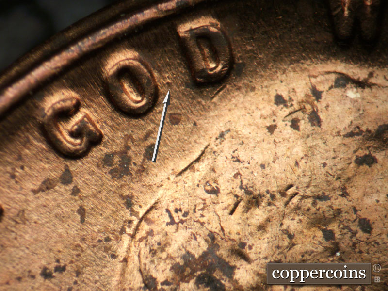 Die-stage C marker on 1955P•1DR•001 (1955 Doubled Die Reverse).