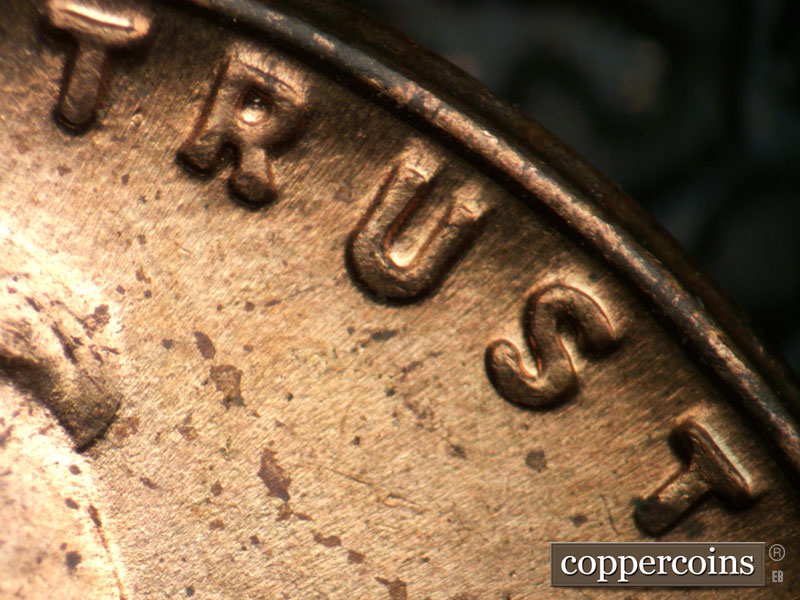 Die-stage C marker on 1955P•1DR•001 (1955 Doubled Die Reverse).