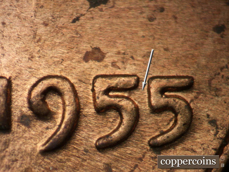 Die-stage C marker on 1955P•1DR•001 (1955 Doubled Die Reverse).