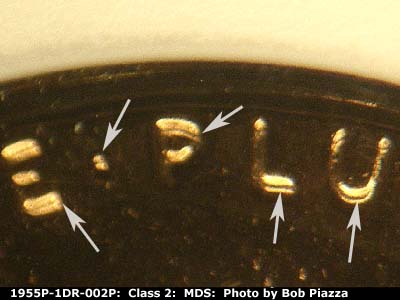 Die-stage B marker on 1955P•1DR•002P showing Very nice doubling shows in E Pluribus Unum.