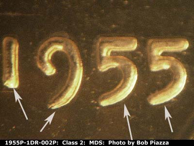 Die-stage B marker on 1955P•1DR•002P showing Nice extra thickness and some doubling shows in the date.