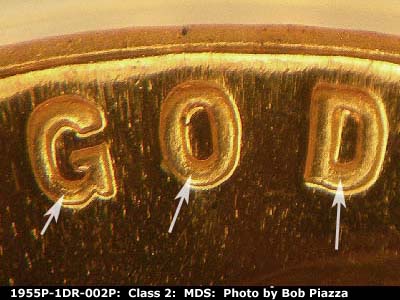 Die-stage B marker on 1955P•1DR•002P (1955 Doubled Die Reverse).