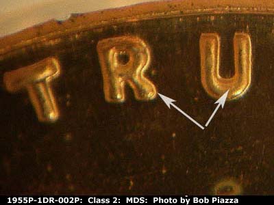 Die-stage B marker on 1955P•1DR•002P (1955 Doubled Die Reverse).