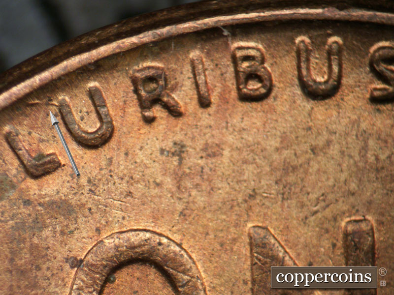 Die-stage B marker on 1955P•1DR•005 (1955 Doubled Die Reverse).