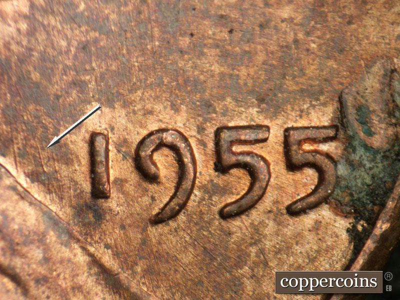 Die-stage B marker on 1955P•1DR•005 (1955 Doubled Die Reverse).