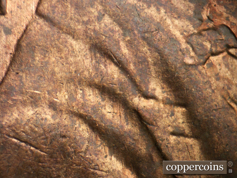 Die-stage B marker on 1955P•1DR•005 (1955 Doubled Die Reverse).