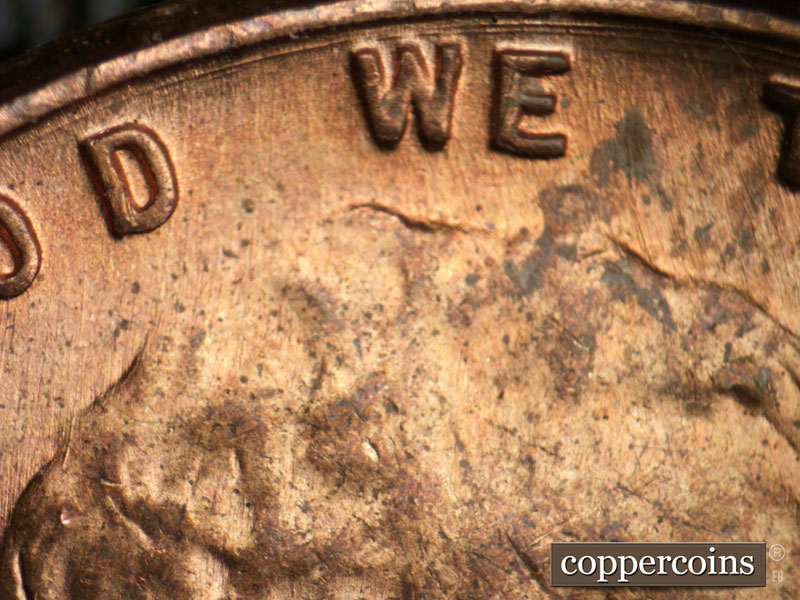 Die-stage B marker on 1955P•1DR•005 (1955 Doubled Die Reverse).