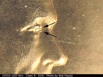 Die-stage A marker on 1955S•1DO•001 (1955 Doubled Die Obverse).