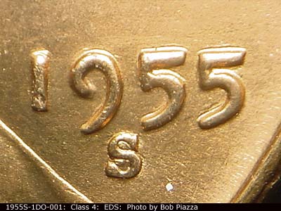Die-stage A marker on 1955S•1DO•001 (1955 Doubled Die Obverse).