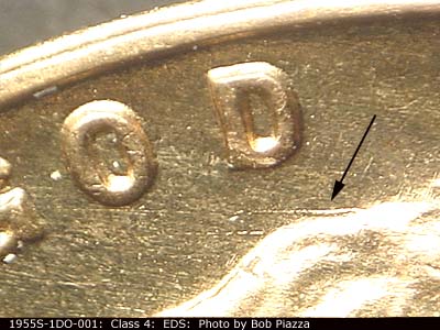 Die-stage A marker on 1955S•1DO•001 (1955 Doubled Die Obverse).