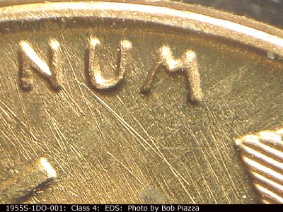 Die-stage A marker on 1955S•1DO•001 (1955 Doubled Die Obverse).