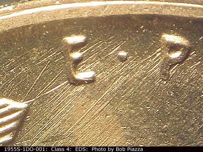 Die-stage A marker on 1955S•1DO•001 (1955 Doubled Die Obverse).