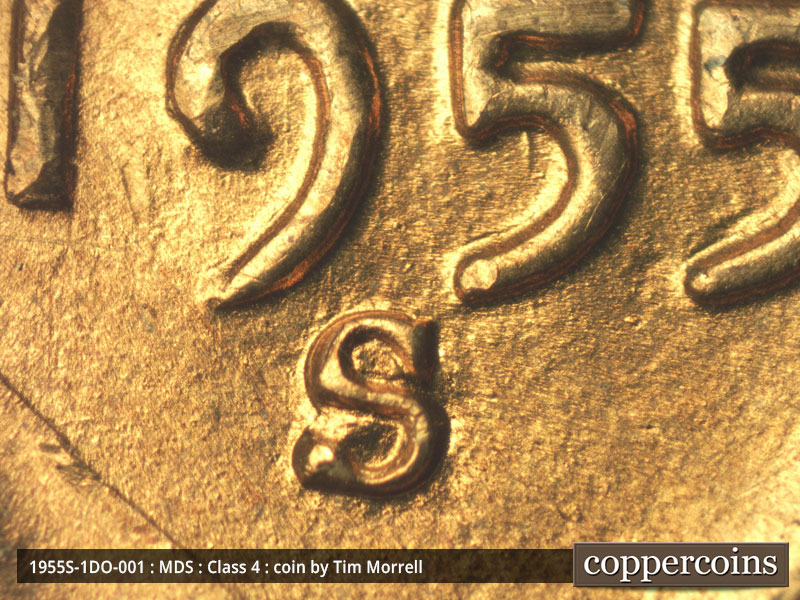 Die-stage B marker on 1955S•1DO•001 (1955 Doubled Die Obverse).