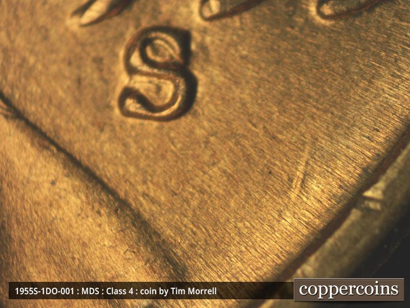 Die-stage B marker on 1955S•1DO•001 (1955 Doubled Die Obverse).