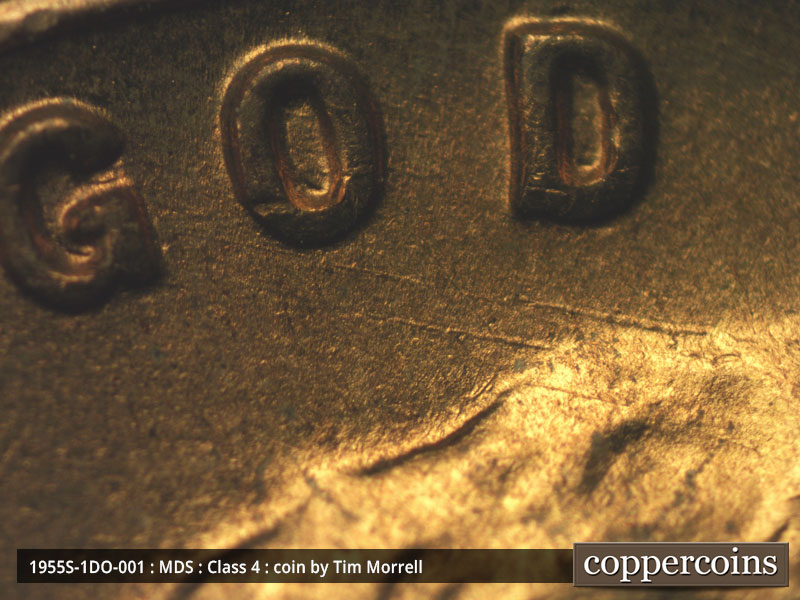 Die-stage B marker on 1955S•1DO•001 (1955 Doubled Die Obverse).