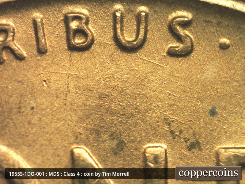 Die-stage B marker on 1955S•1DO•001 (1955 Doubled Die Obverse).