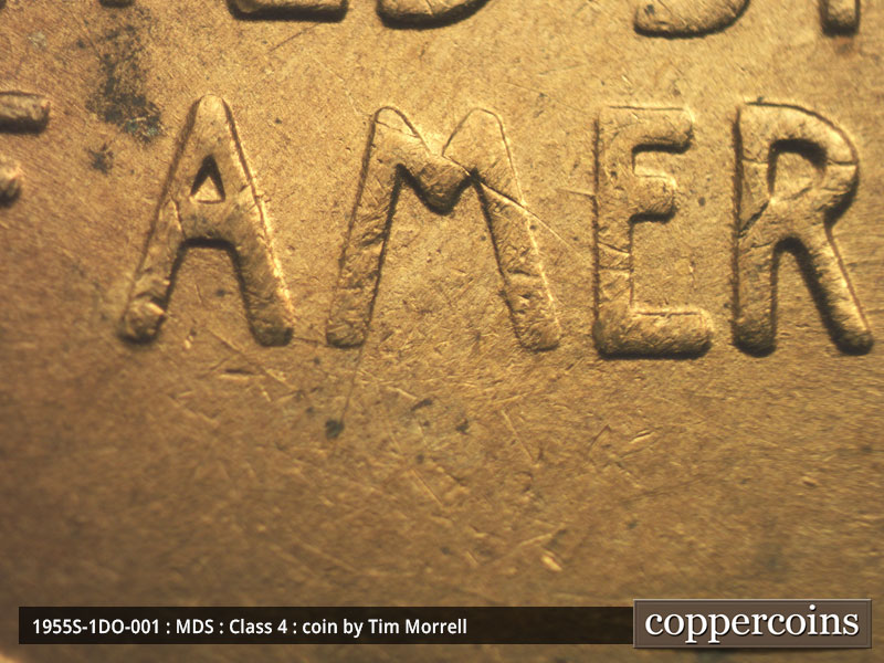 Die-stage B marker on 1955S•1DO•001 (1955 Doubled Die Obverse).