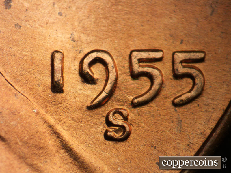 Die-stage C marker on 1955S•1DO•001 (1955 Doubled Die Obverse).