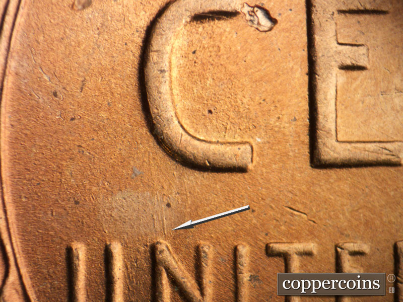 Die-stage C marker on 1955S•1DO•001 (1955 Doubled Die Obverse).