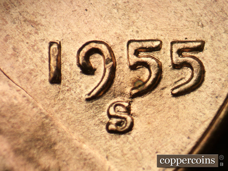 Die-stage B marker on 1955S•1DO•002 (1955 Doubled Die Obverse).