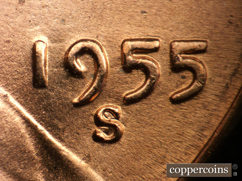 Die-stage B marker on 1955S•1DO•003 (1955 Doubled Die Obverse).