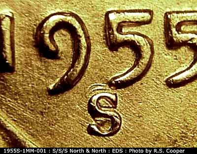 Die-stage A marker on 1955S•1MM•001 (1955 Repunched Mint Mark).