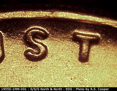 Die-stage A marker on 1955S•1MM•001 (1955 Repunched Mint Mark).