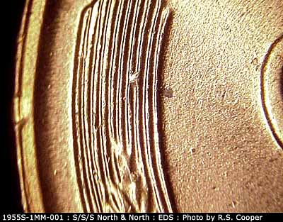 Die-stage A marker on 1955S•1MM•001 (1955 Repunched Mint Mark).