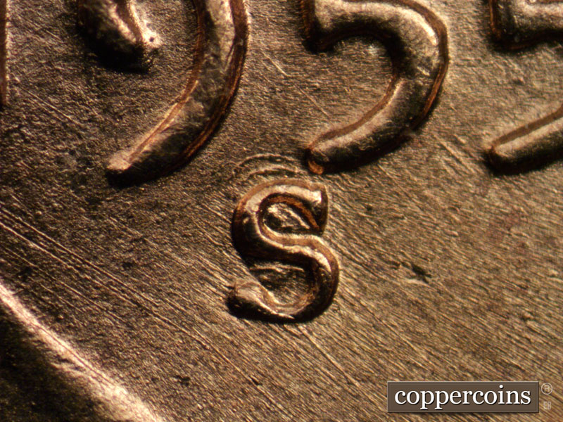 1955 Lincoln cent obverse, CopperCoins die 1955S•1MM•001.