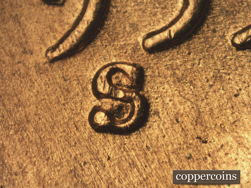 1955 Lincoln cent obverse, CopperCoins die 1955S•1MM•002 — Closeup of repunched mint mark.