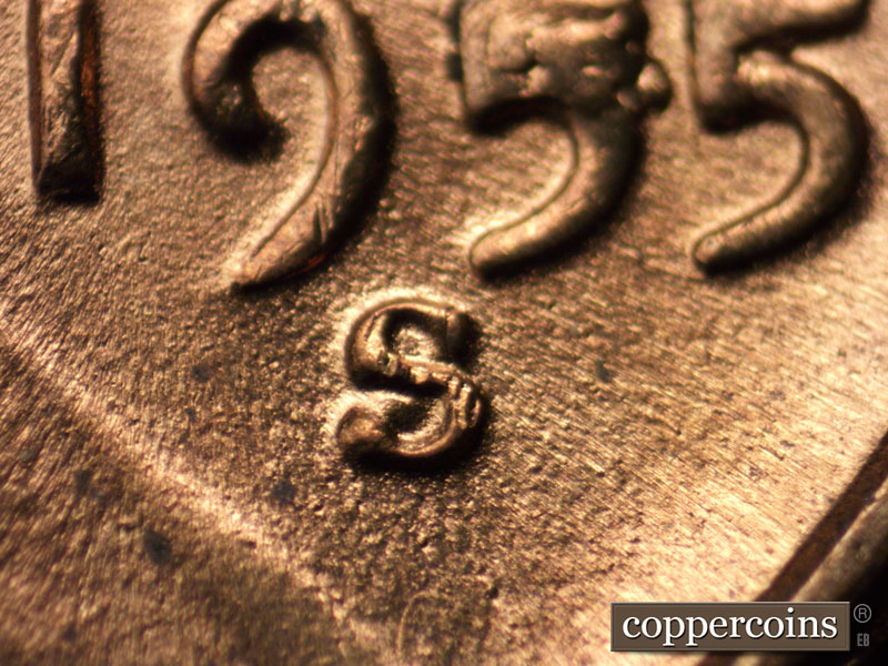 Die-stage C marker on 1955S•1MM•002 showing Closeup of repunched mint mark.