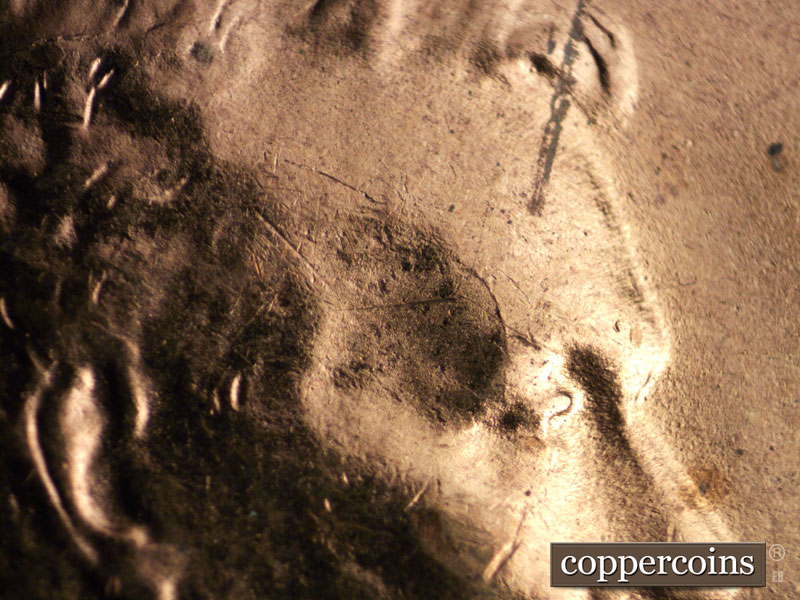 Die-stage C marker on 1955S•1MM•002 showing Die crack across the forehead.