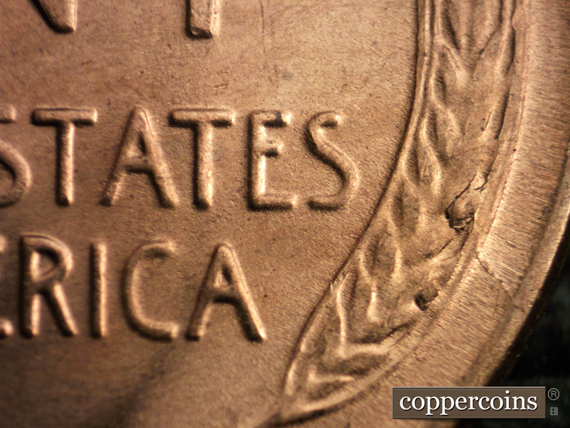 Die-stage C marker on 1955S•1MM•002 showing A die crack and chip on the lower right wheat grains to the rim.