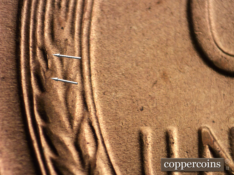 Die-stage C marker on 1955S•1MM•002 showing Small die cracks on upper left wheat.
