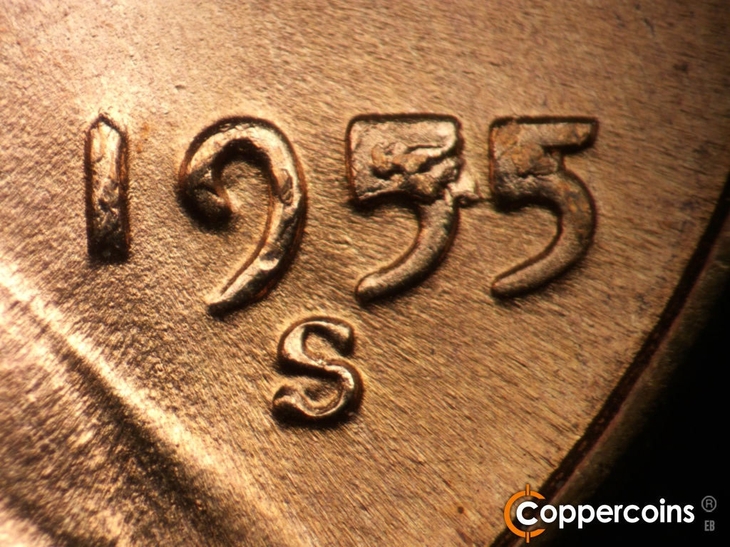 Die-stage D marker on 1955S•1MM•002 showing Closeup of repunched mint mark.