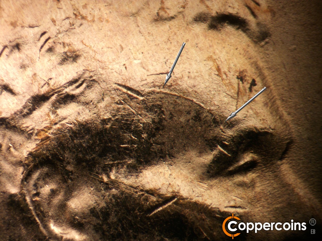 Die-stage D marker on 1955S•1MM•002 showing Die crack across forehead.