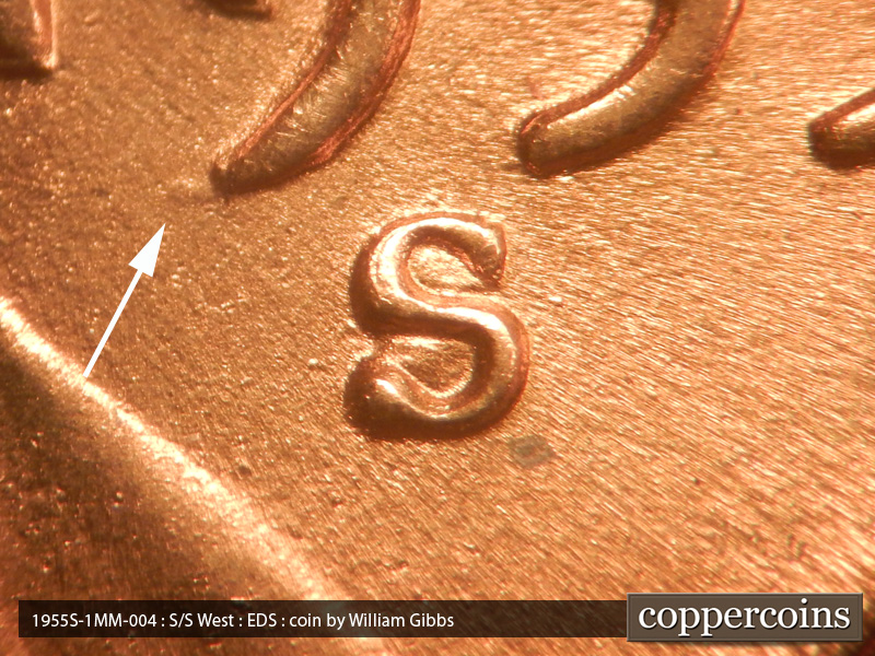Die-stage A marker on 1955S•1MM•004 (1955 Repunched Mint Mark).