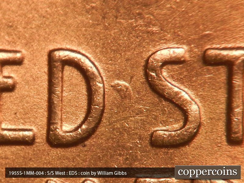 Die-stage A marker on 1955S•1MM•004 (1955 Repunched Mint Mark).