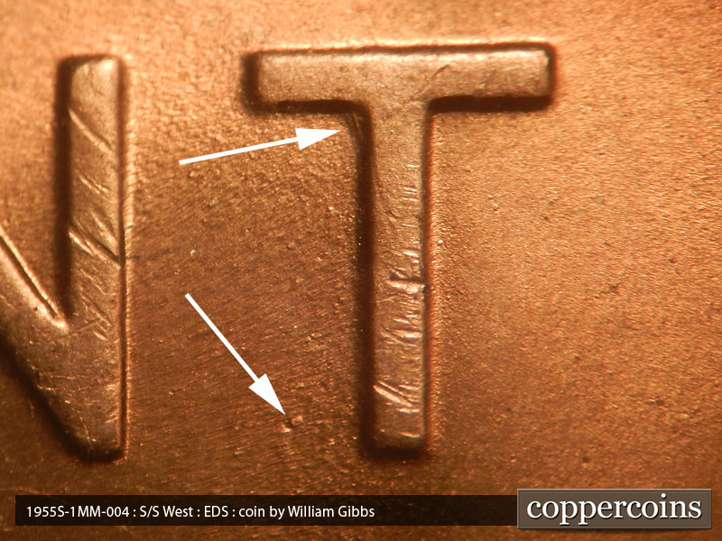 Die-stage A marker on 1955S•1MM•004 (1955 Repunched Mint Mark).