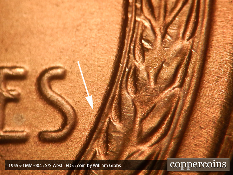 Die-stage A marker on 1955S•1MM•004 (1955 Repunched Mint Mark).